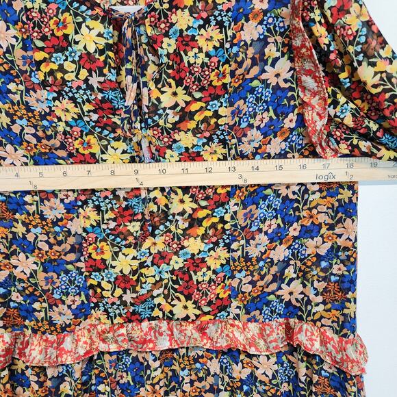 Code x Mode Floral Dress Size S Colorful Sheer Chiffon Ruffle V-Neck Peasant - Picture 10 of 11